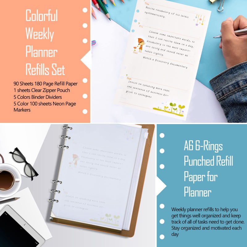 Rancco A6 Planner Inserts Weekly Planner Refills  90 Pages Colorful 6-Ring Loose-leaf Paper Binder Inserts w/Divider  PVC Pouch  Ruler  Index Tab for Journal  Filofax  Double-sided  Undated  6.9x3.7"" - Image 3